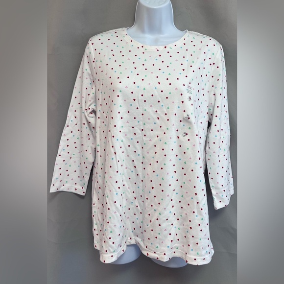 KIM ROGERS-PERFECTLY SOFT 100% Cotton Knit Top White w/Hearts/Polka Dots M New - Picture 1 of 10